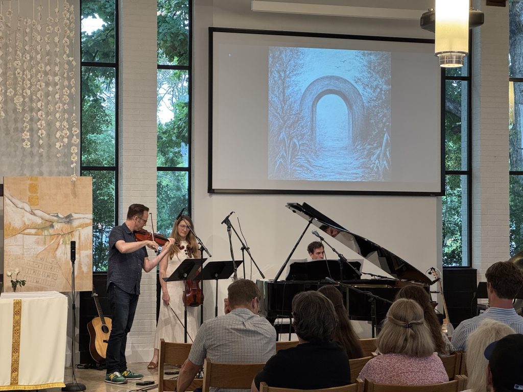 Hanan Townshend on piano with guest musicians, featuring art by Billy Hollis